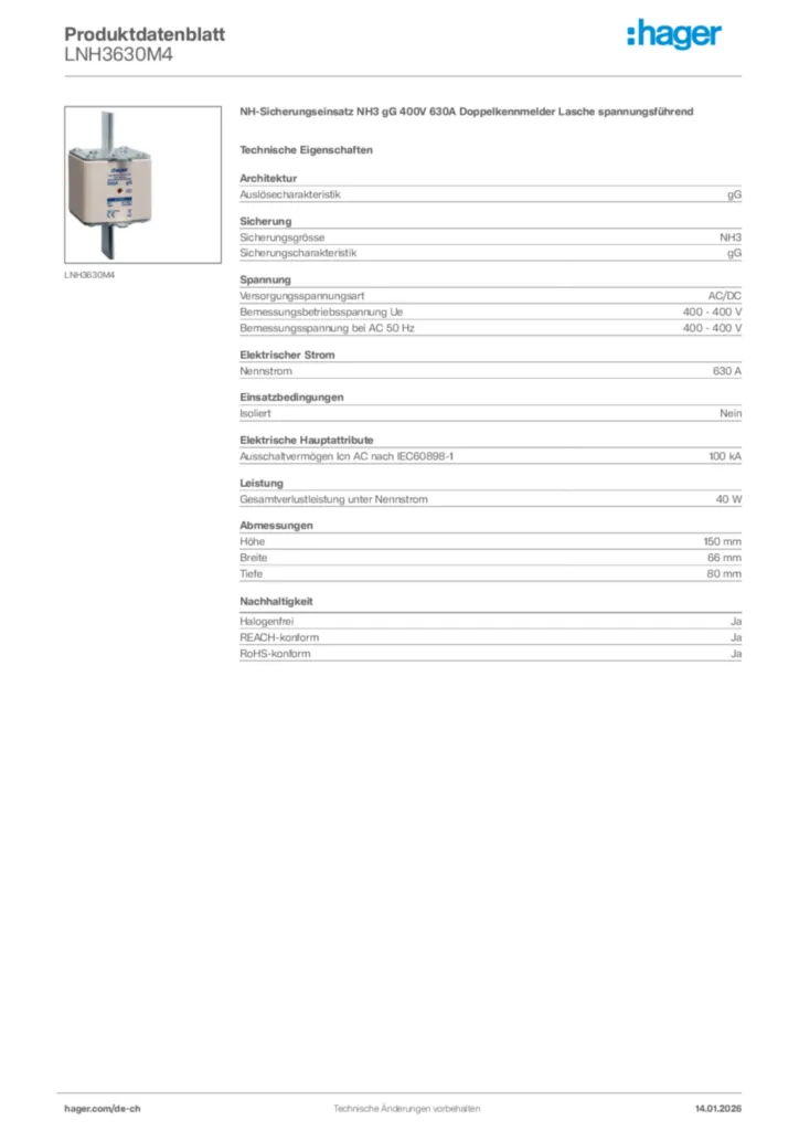 Bild Hager Produktdatenblatt LNH3630M4 | Hager Schweiz
