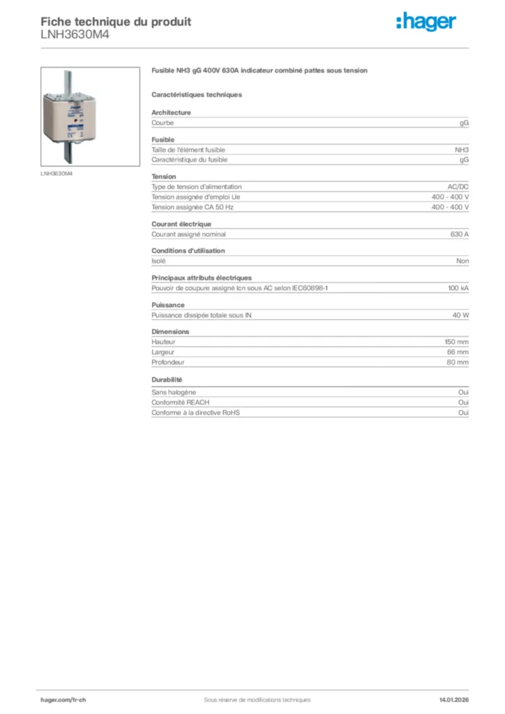 Image Hager Fiche technique du produit LNH3630M4 | Hager Suisse