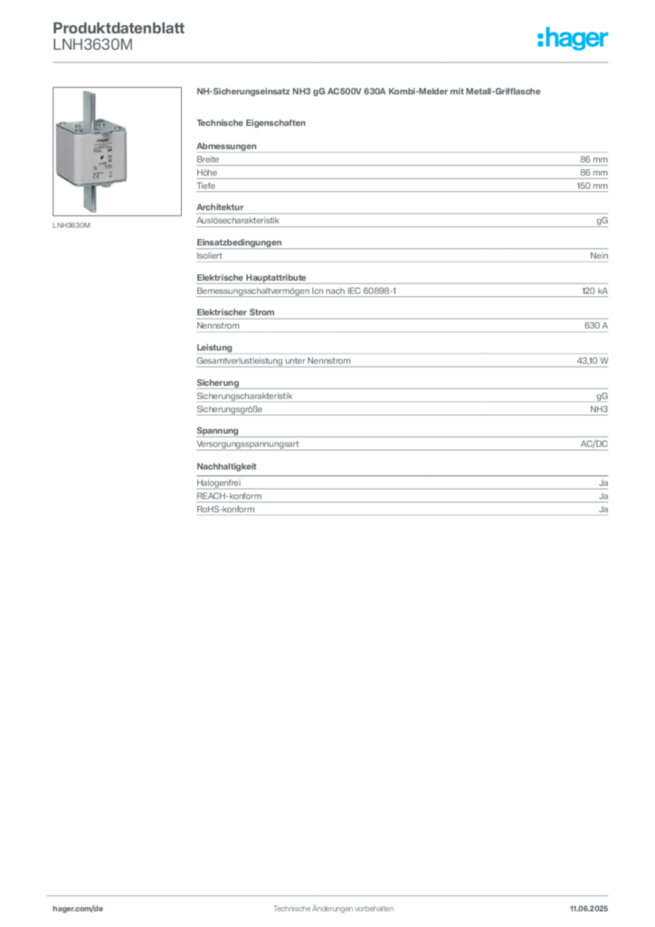 Bild Hager Produktdatenblatt LNH3630M | Hager Deutschland