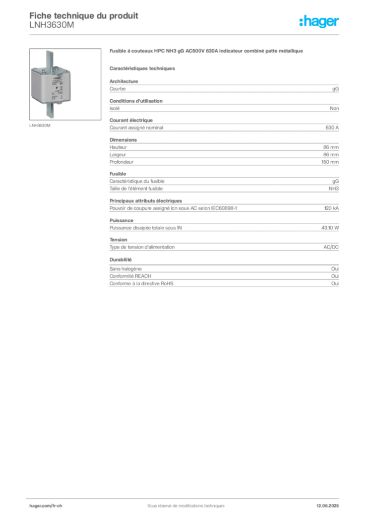 Image Hager Fiche technique du produit LNH3630M | Hager Suisse