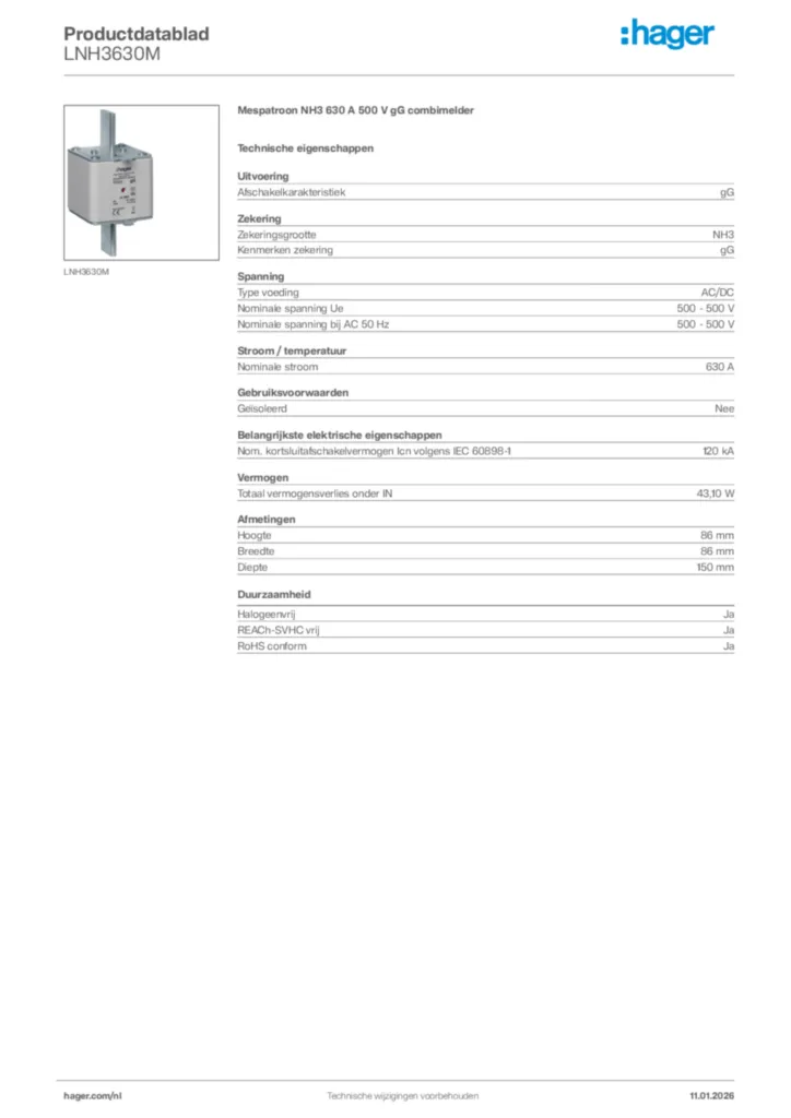 Afbeelding Hager Productdatablad LNH3630M | Hager Nederland