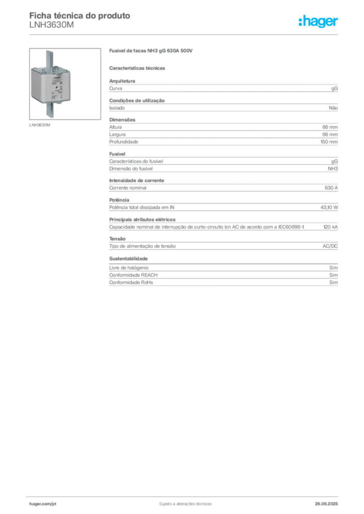 Imagem Hager Ficha técnica do produto LNH3630M | Hager Portugal
