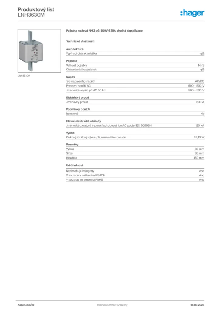 Obrázek Hager Product data sheet LNH3630M | Hager