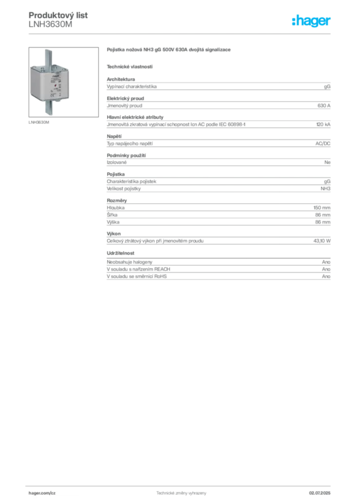Obrázek Hager Produktový list LNH3630M | Hager