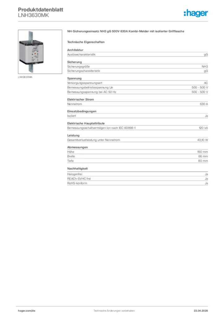 Bild Hager Produktdatenblatt LNH3630MK | Hager Deutschland