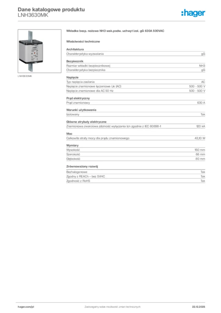 Zdjęcie Hager Dane katalogowe produktu LNH3630MK | Hager Polska