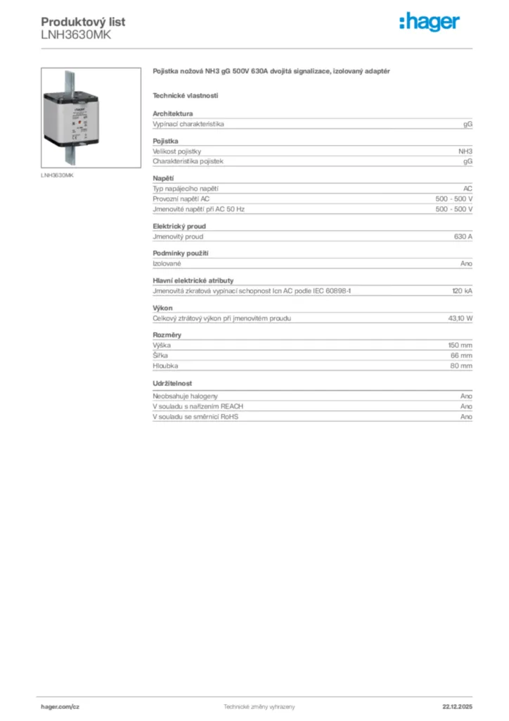Obrázek Hager Produktový list LNH3630MK | Hager