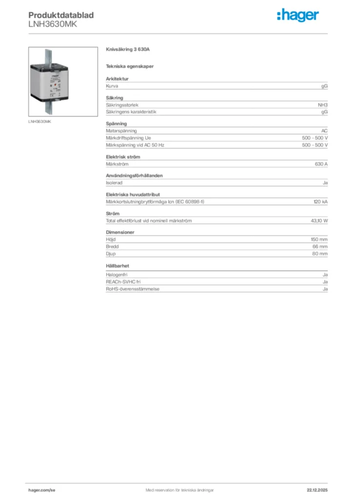 Bild Hager Produktdatablad LNH3630MK | Hager Sverige