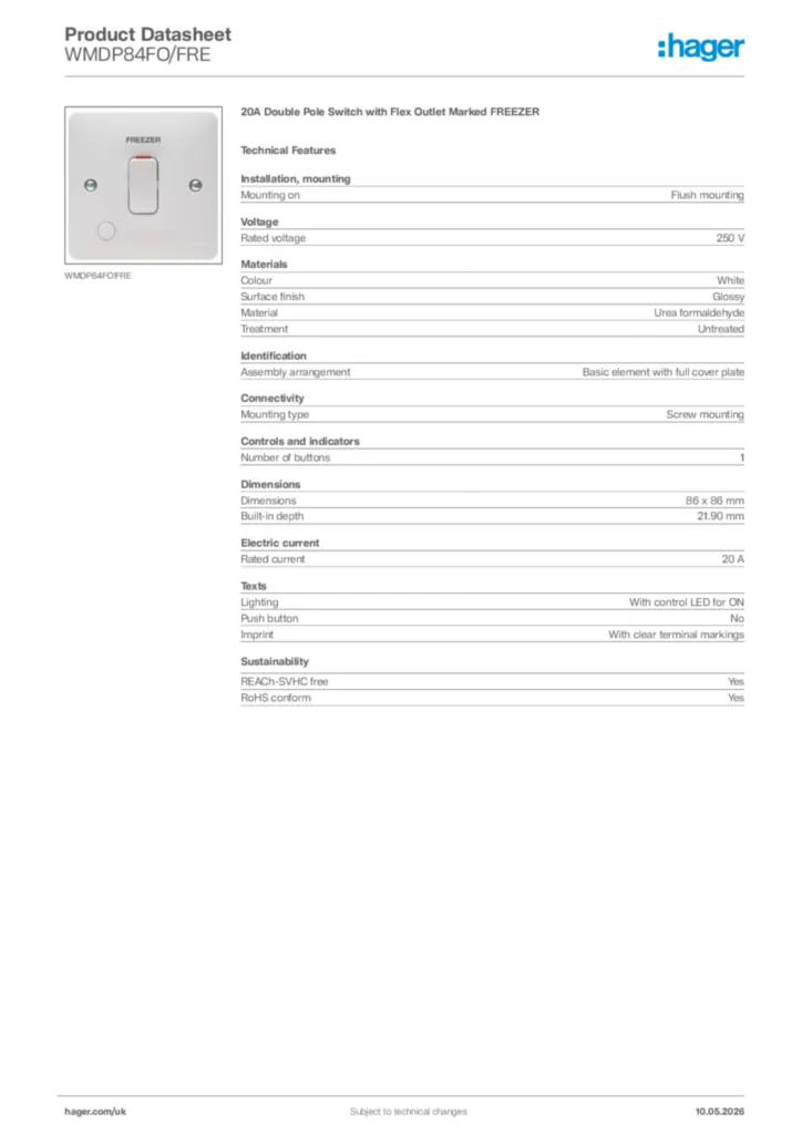 Image Hager Product data sheet WMDP84FO/FRE  | Hager