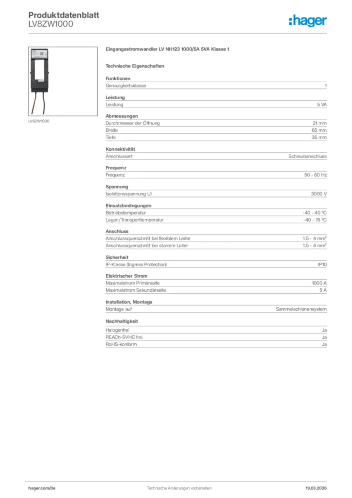Bild Hager Produktdatenblatt LV8ZW1000 | Hager Deutschland