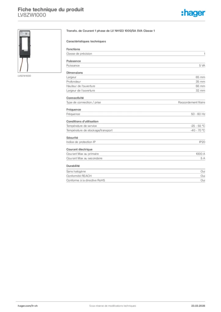 Image Hager Fiche technique du produit LV8ZW1000 | Hager Suisse