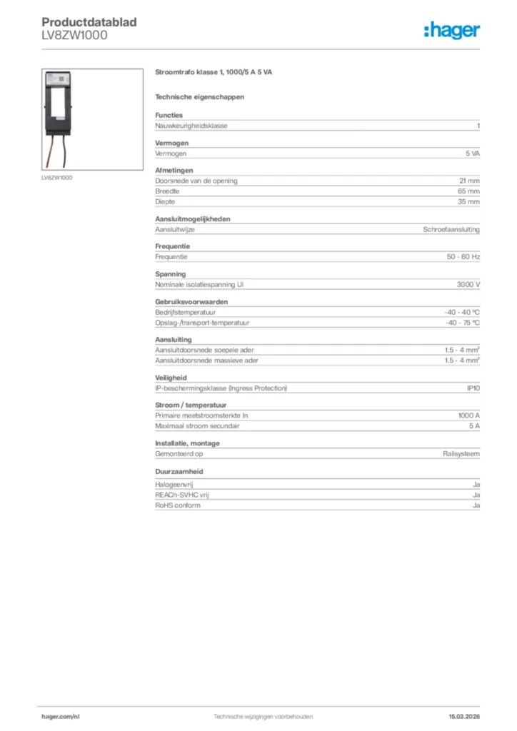 Afbeelding Hager Productdatablad LV8ZW1000 | Hager Nederland