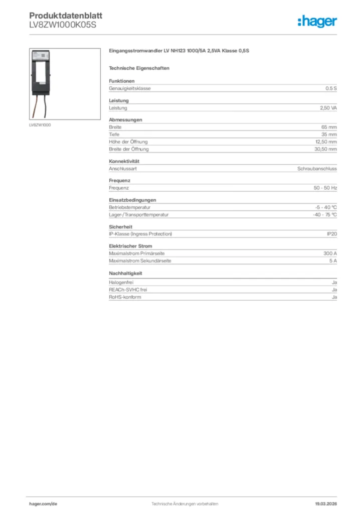 Bild Hager Produktdatenblatt LV8ZW1000K05S | Hager Deutschland