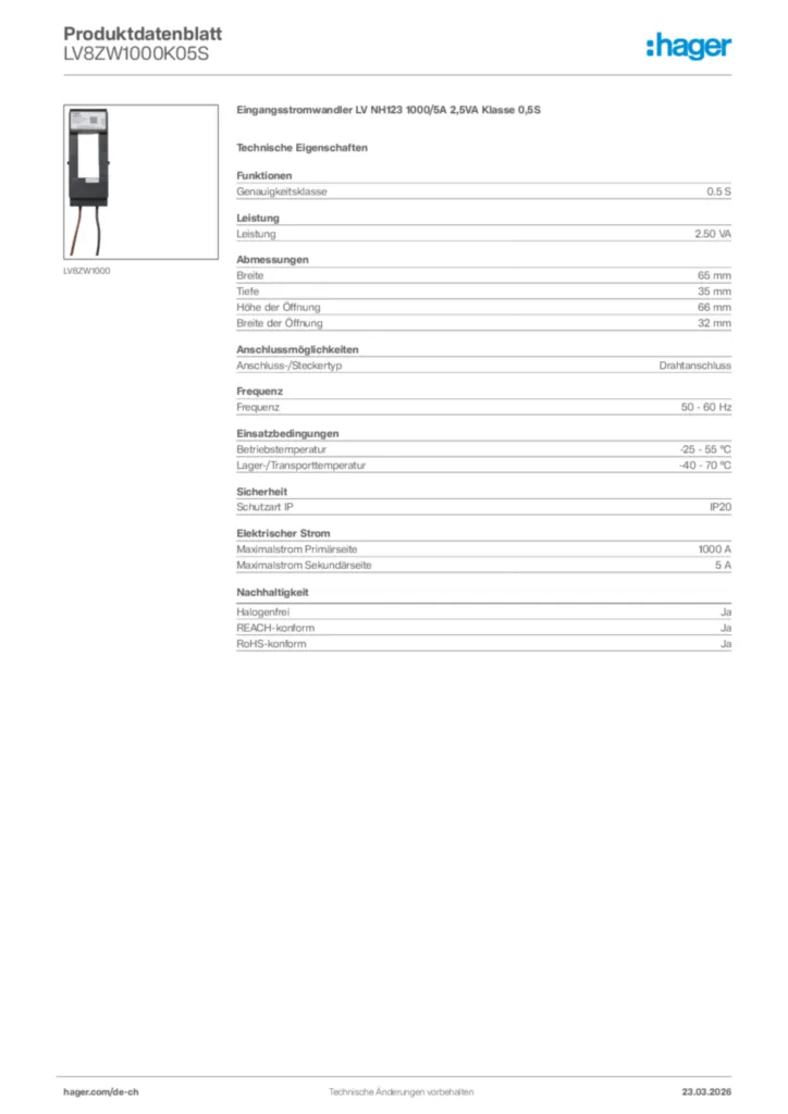 Bild Hager Produktdatenblatt LV8ZW1000K05S | Hager Schweiz
