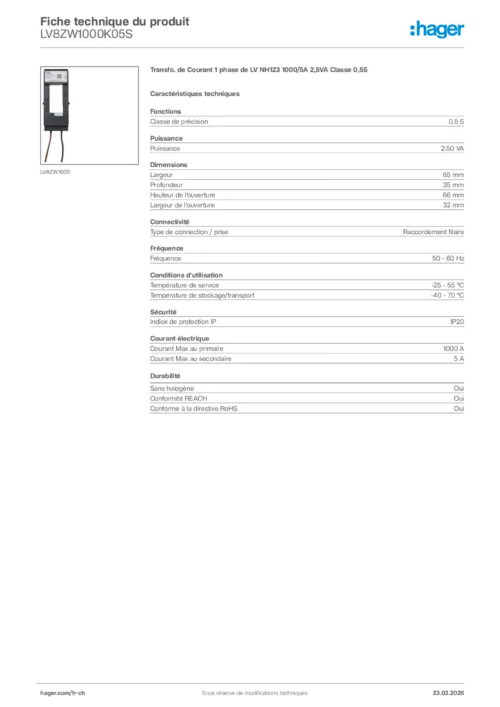 Image Hager Fiche technique du produit LV8ZW1000K05S | Hager Suisse