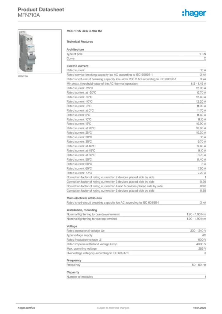 Image Hager Product data sheet MFN710A  | Hager