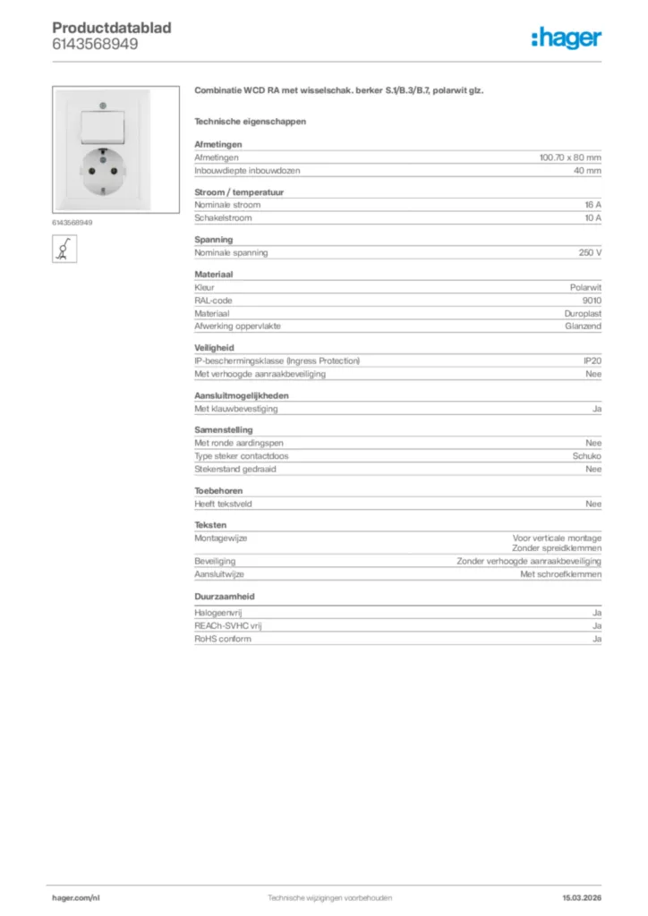 Afbeelding Hager Productdatablad 6143568949 | Hager Nederland