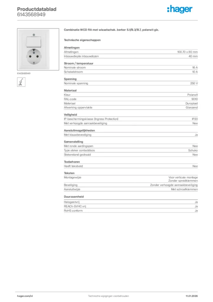 Afbeelding Hager Productdatablad 6143568949 | Hager Nederland