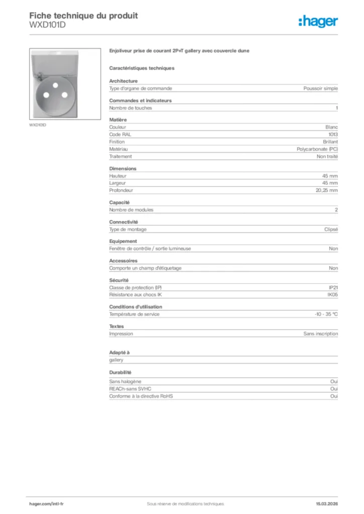 Image Hager Fiche technique du produit WXD101D | Hager Afrique