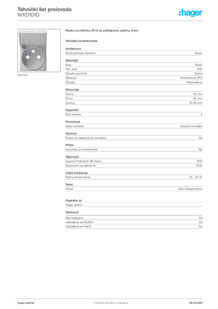 Slika Hager Product data sheet WXD101D  | Hager