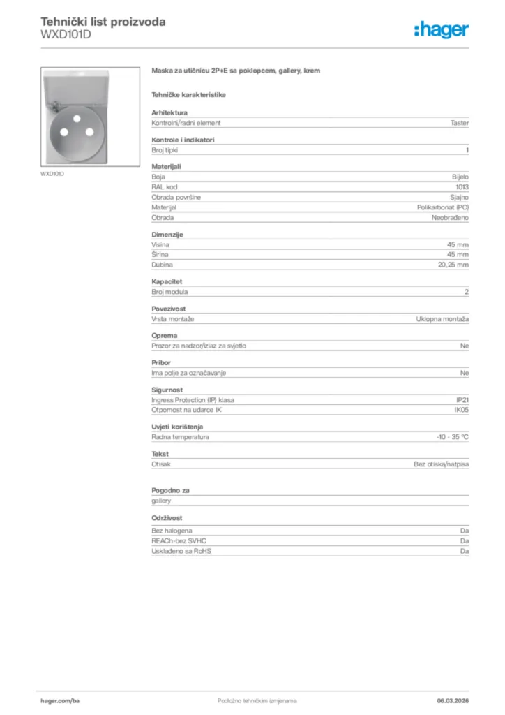 Slika Hager Tehnički list proizvoda WXD101D  | Hager