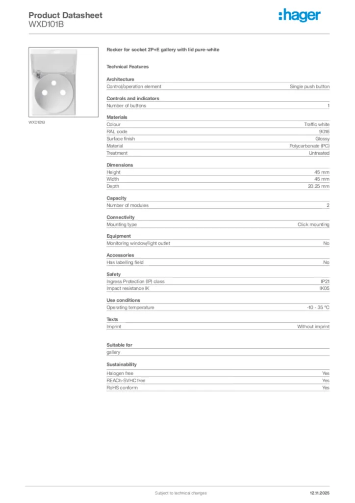 Image Hager Product data sheet WXD101B  | Hager Africa