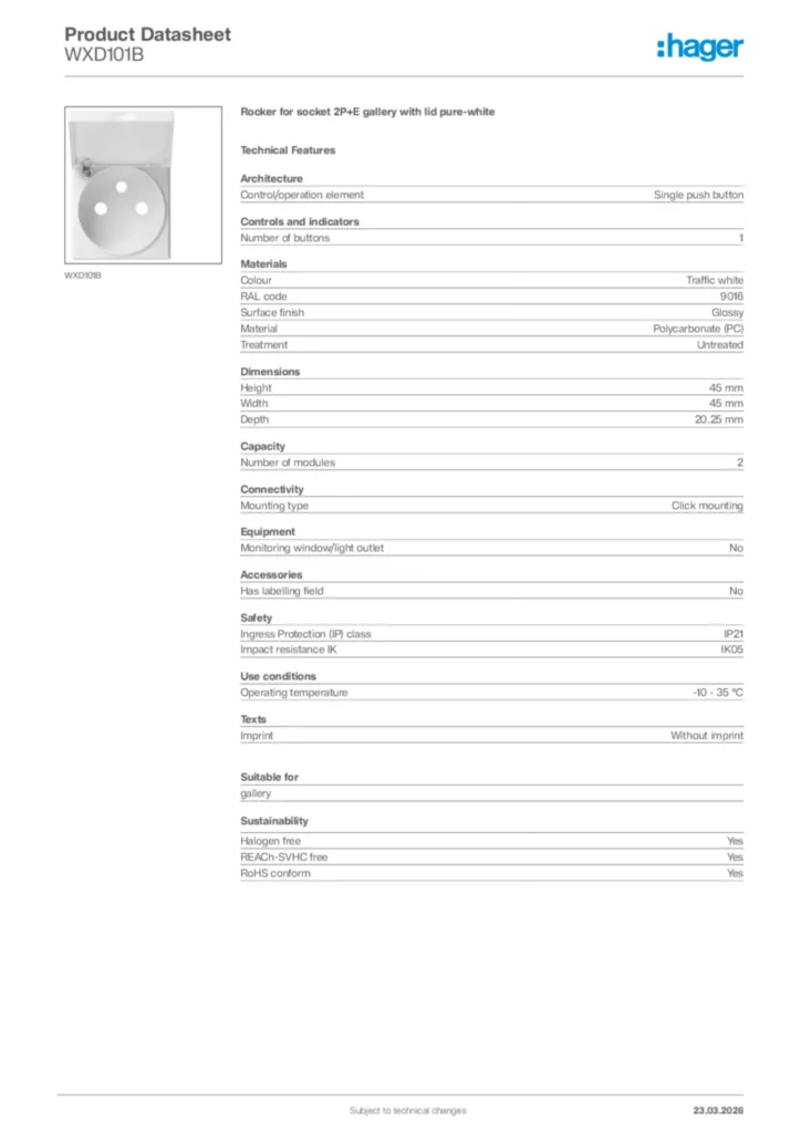 Image Hager Product data sheet WXD101B  | Hager Africa