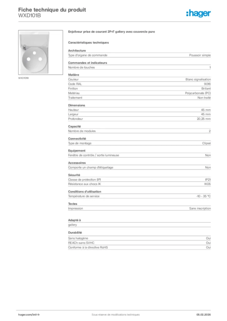Image Hager Fiche technique du produit WXD101B | Hager Afrique