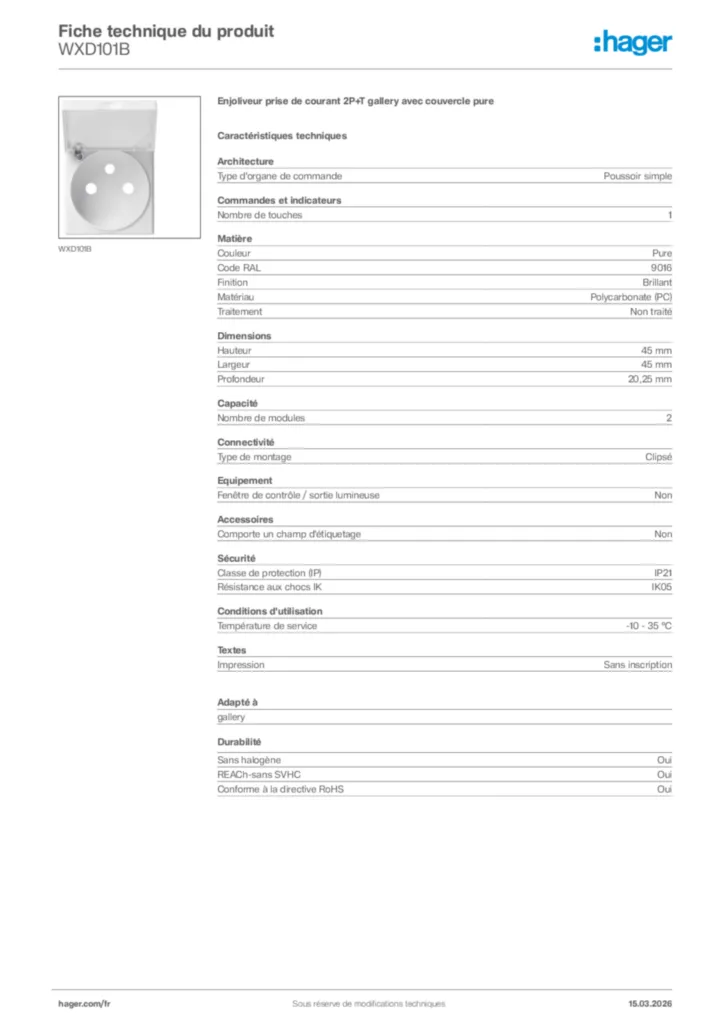 Image Hager Fiche technique du produit WXD101B | Hager France