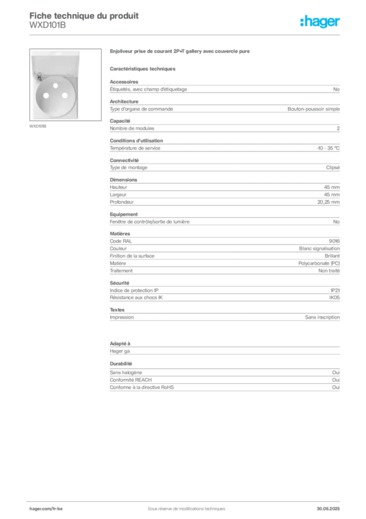 Image Hager Fiche technique du produit WXD101B | Hager Belgique