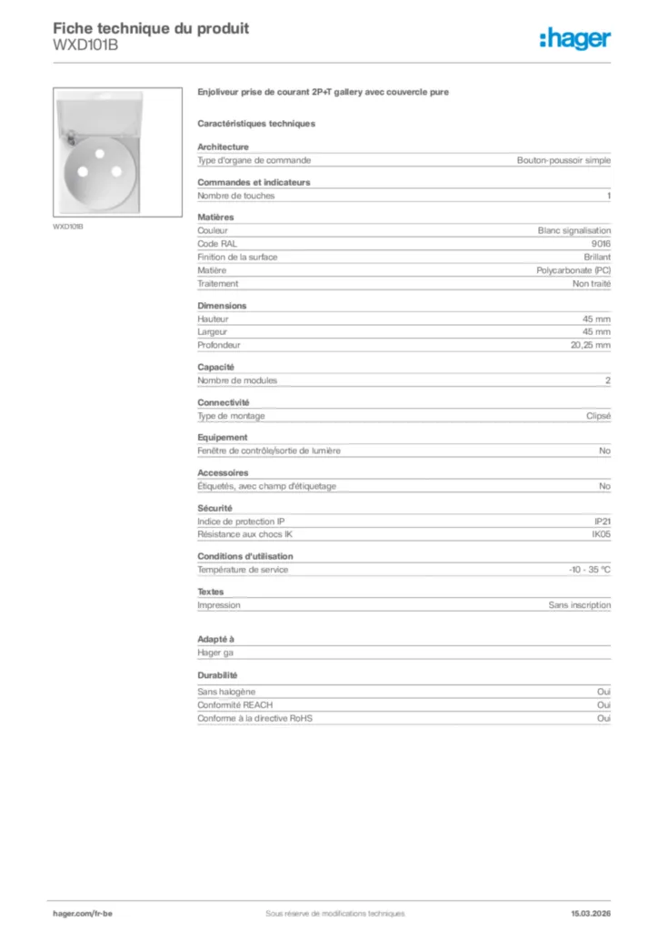 Image Hager Fiche technique du produit WXD101B | Hager Belgique