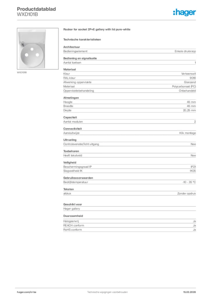 Afbeelding Hager Productdatablad WXD101B | Hager Belgium