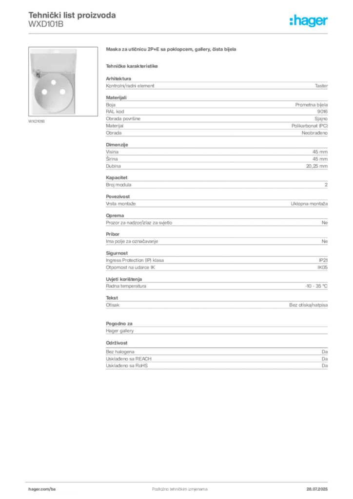 Slika Hager Product data sheet WXD101B  | Hager
