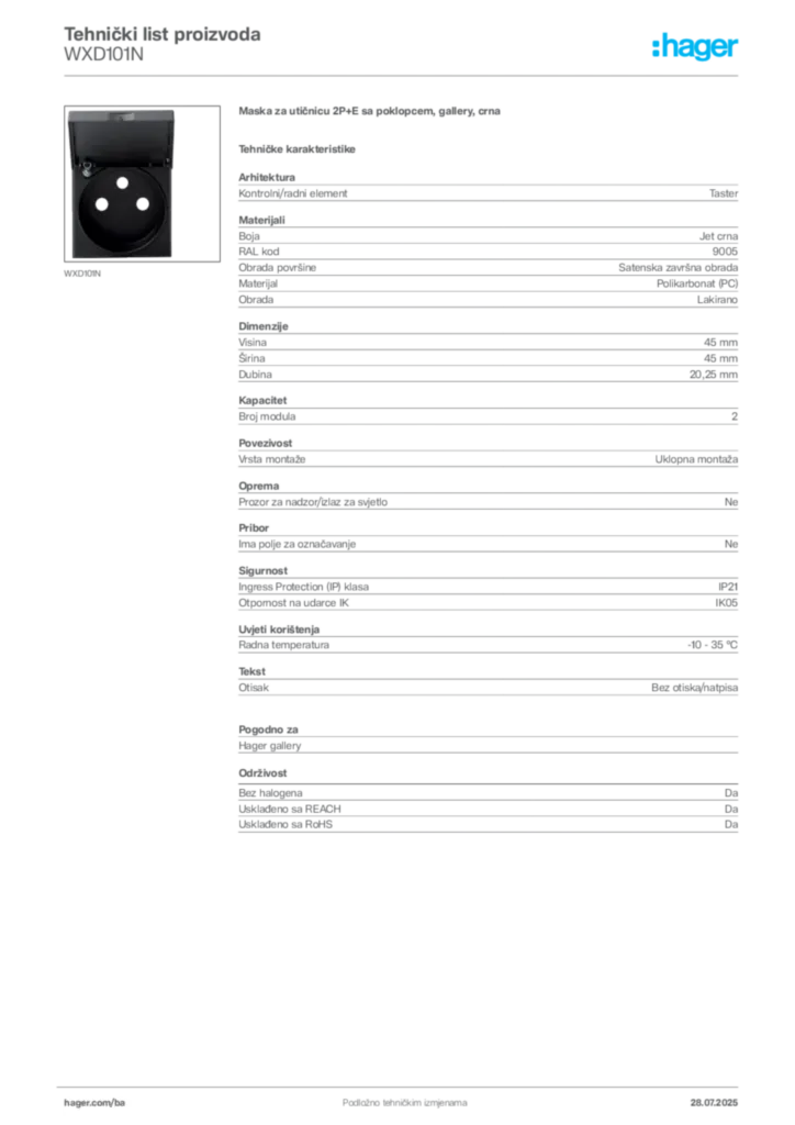 Slika Hager Product data sheet WXD101N  | Hager