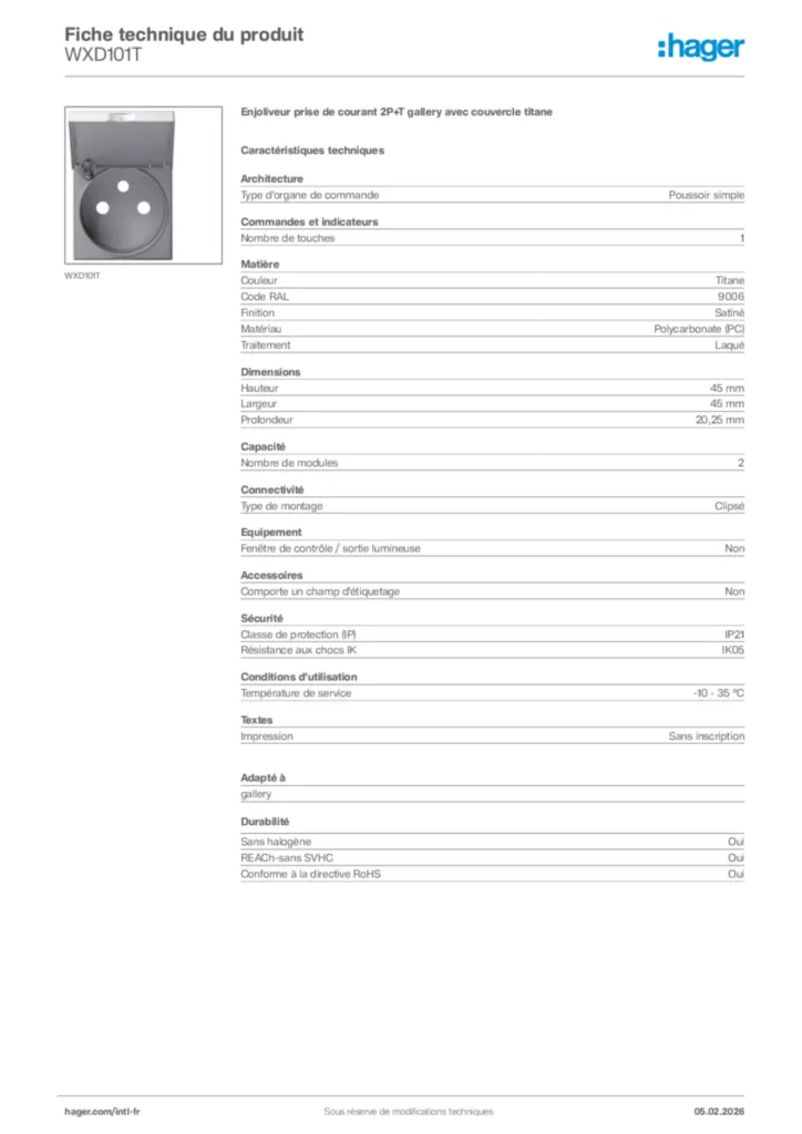 Image Hager Fiche technique du produit WXD101T | Hager Afrique