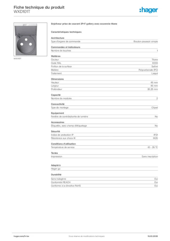 Image Hager Fiche technique du produit WXD101T | Hager Belgique