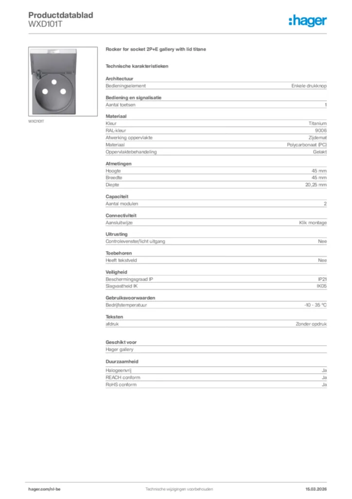 Afbeelding Hager Productdatablad WXD101T | Hager Belgium