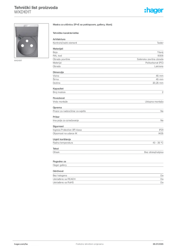 Slika Hager Product data sheet WXD101T  | Hager