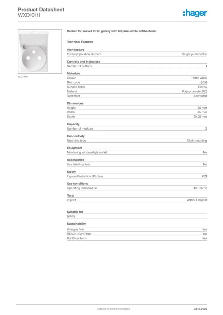 Image Hager Product data sheet WXD101H  | Hager Africa