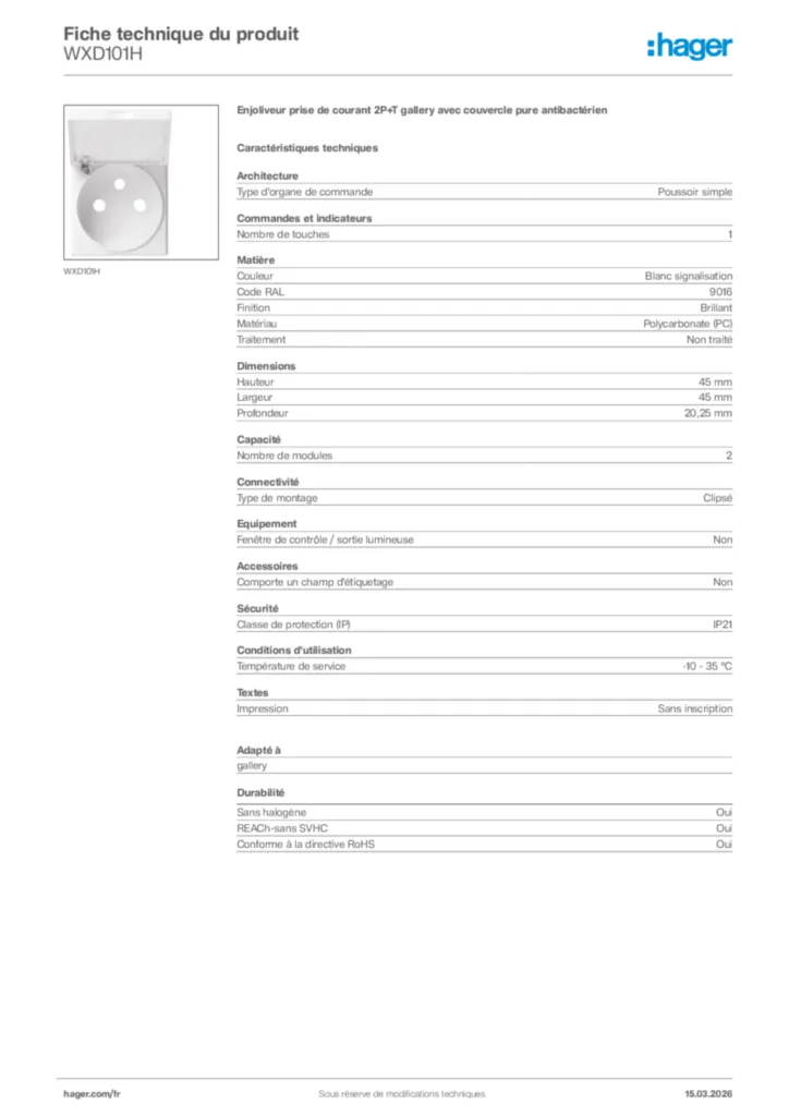 Image Hager Fiche technique du produit WXD101H | Hager France