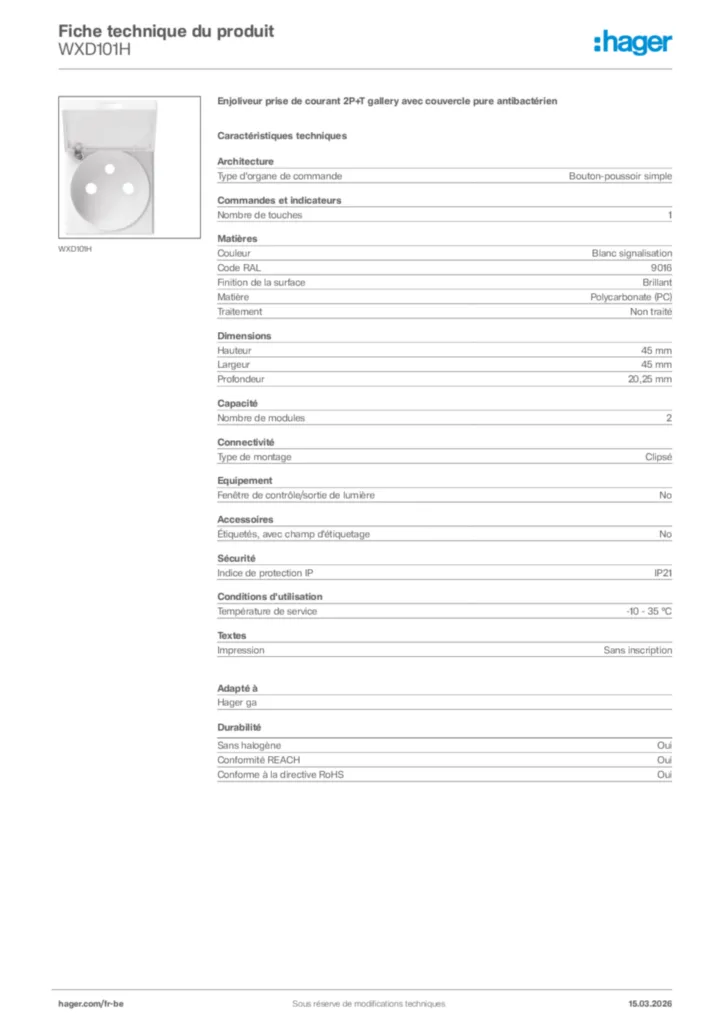 Image Hager Fiche technique du produit WXD101H | Hager Belgique