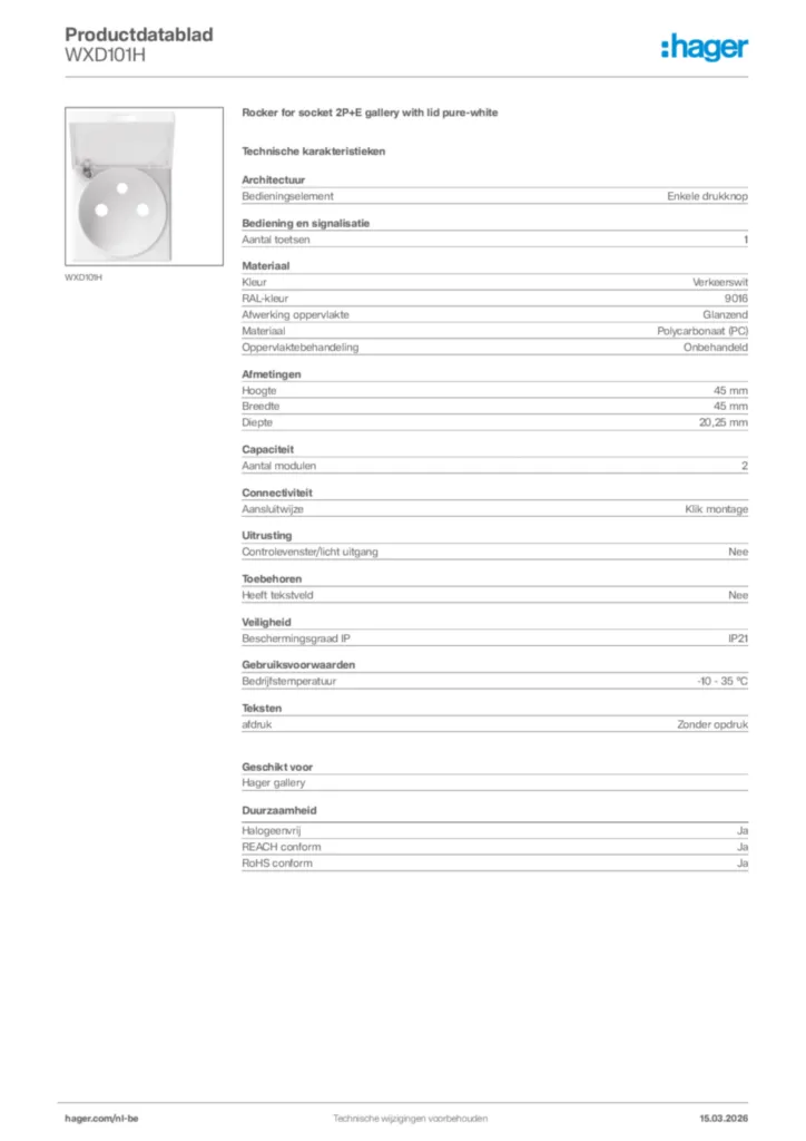 Afbeelding Hager Productdatablad WXD101H | Hager Belgium