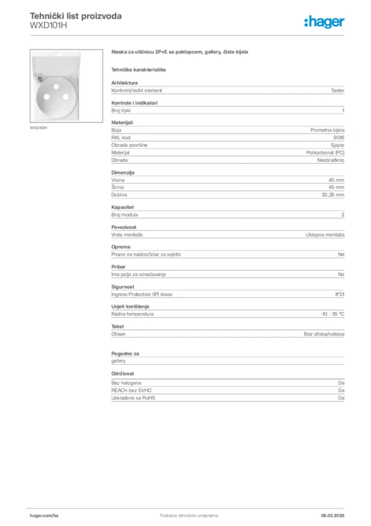 Slika Hager Tehnički list proizvoda WXD101H  | Hager