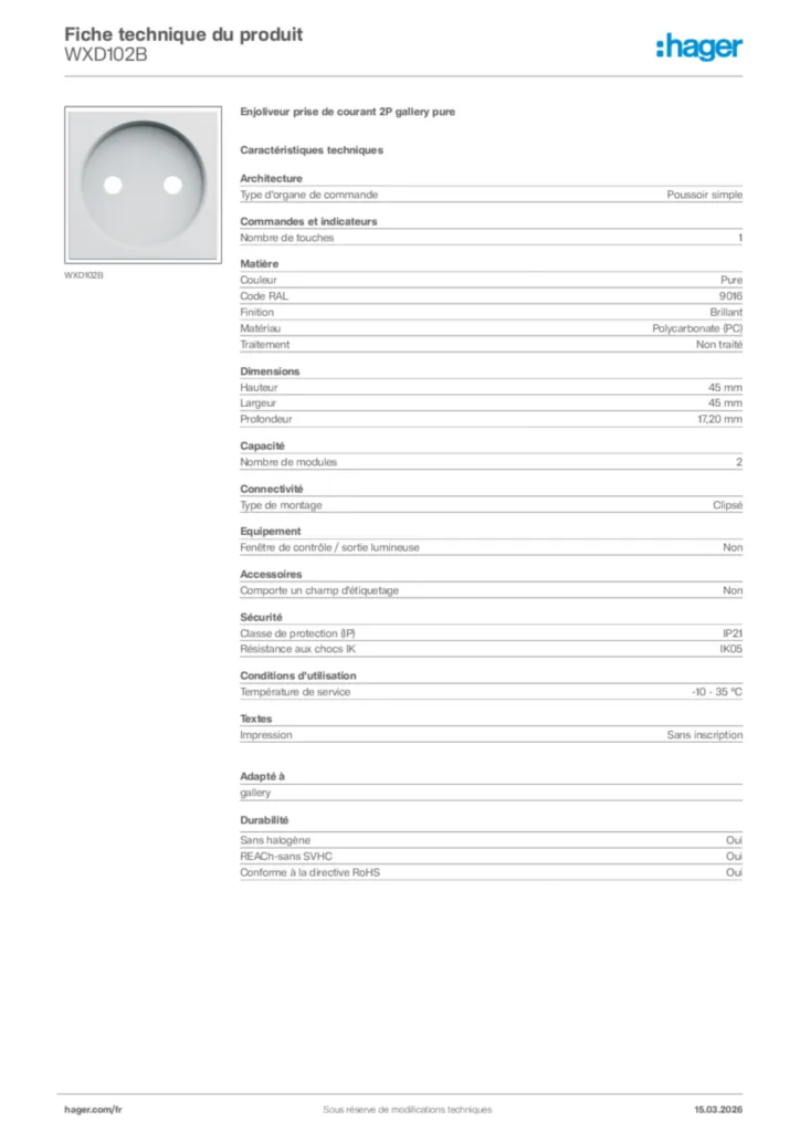 Image Hager Fiche technique du produit WXD102B | Hager France