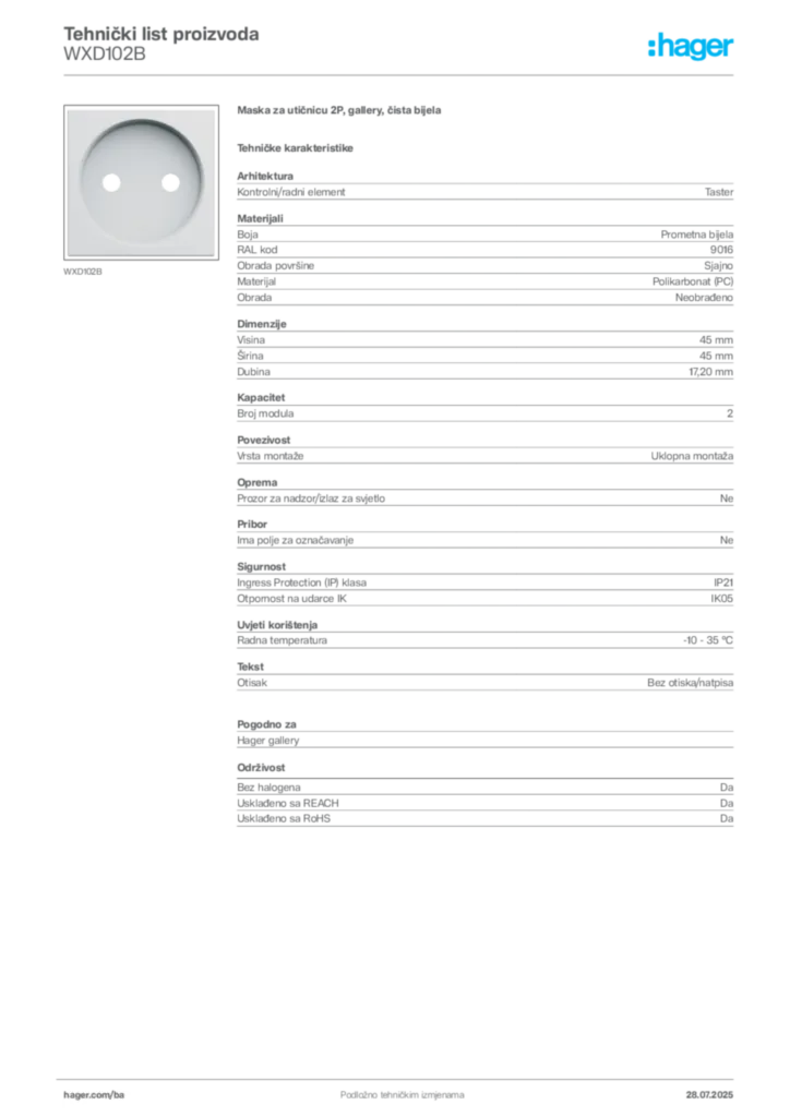 Slika Hager Product data sheet WXD102B  | Hager