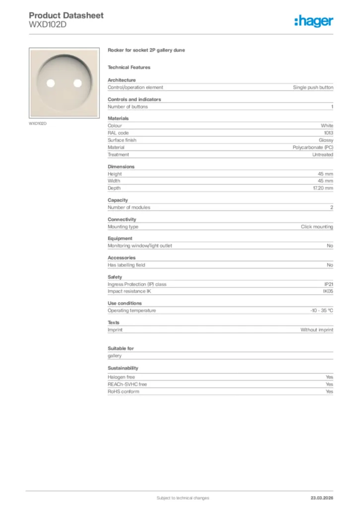Image Hager Product data sheet WXD102D  | Hager Africa