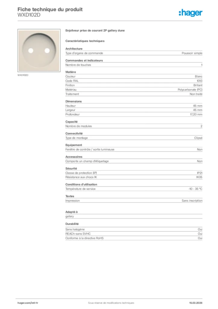 Image Hager Fiche technique du produit WXD102D | Hager Afrique