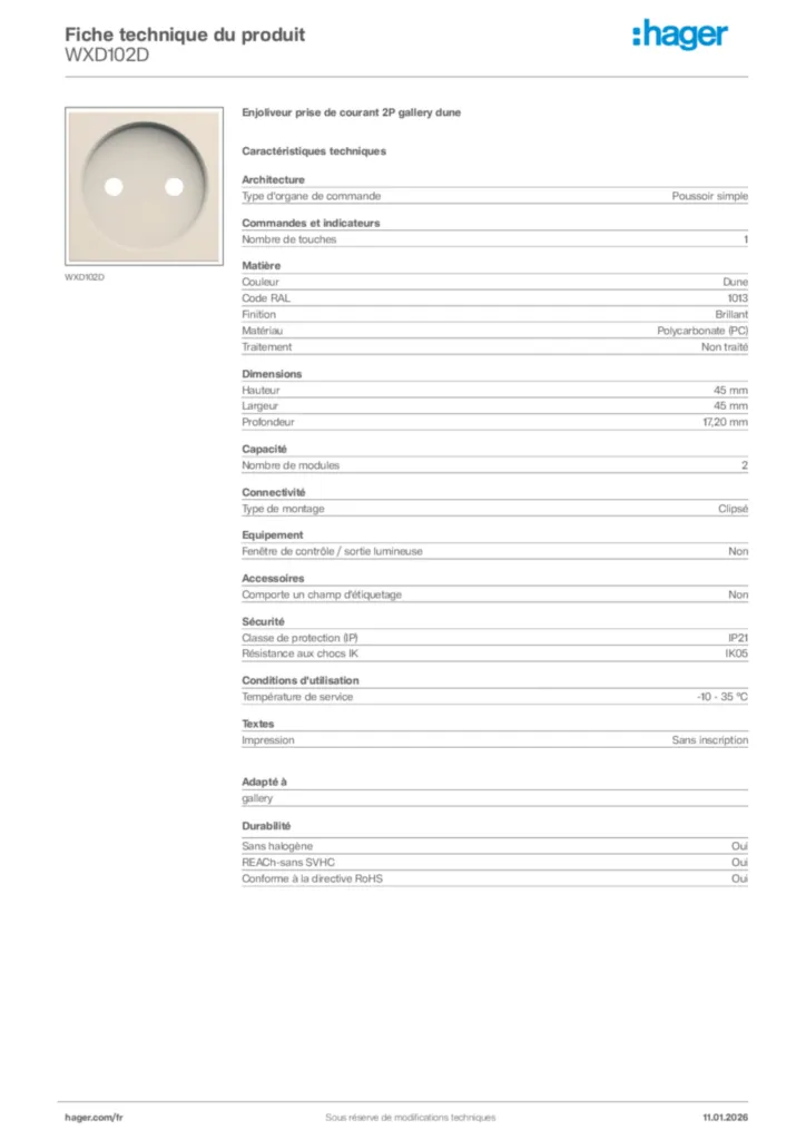 Image Hager Fiche technique du produit WXD102D | Hager France