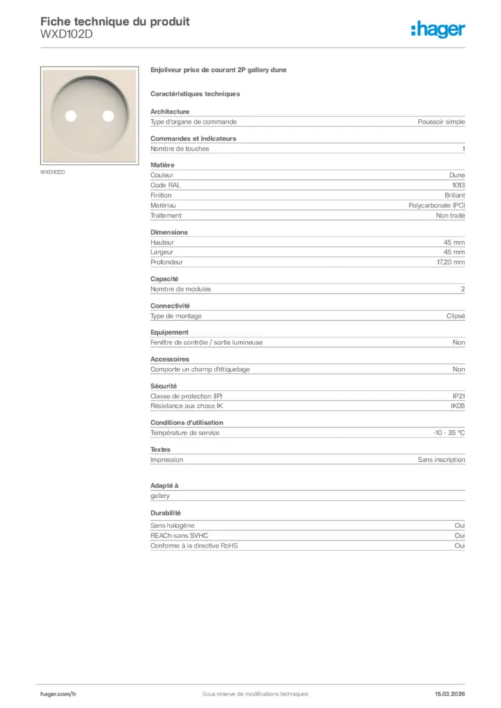 Image Hager Fiche technique du produit WXD102D | Hager France