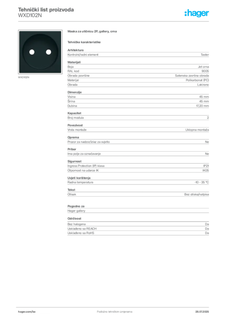 Slika Hager Product data sheet WXD102N  | Hager